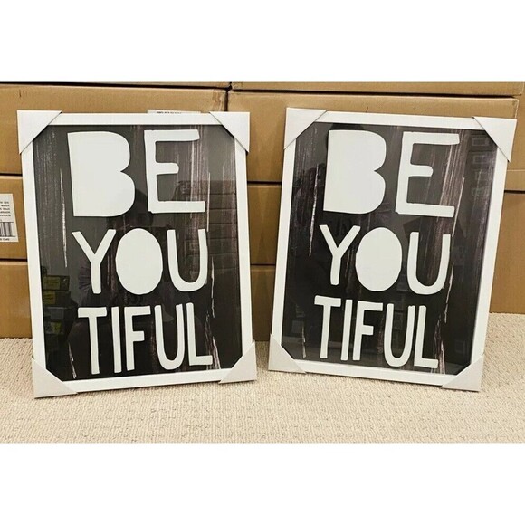 Be-you-tiful Screen Printed Glass Art Pillow fort wall frame white and black - Picture 1 of 7